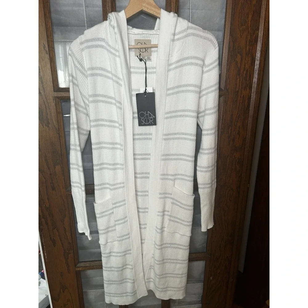 NWT Chaser Striped Hooded‎ Cardigan With Tie White & Metallic Silver Size M